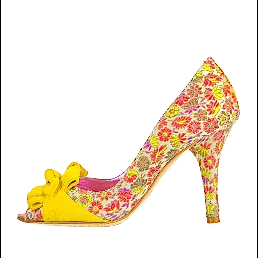 Etro Retro pink & Yellow Peep-Toe Shoes Ruffles & Bows 6